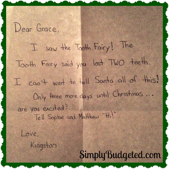 Elf on the Shelf day 20 note about tooth fairy