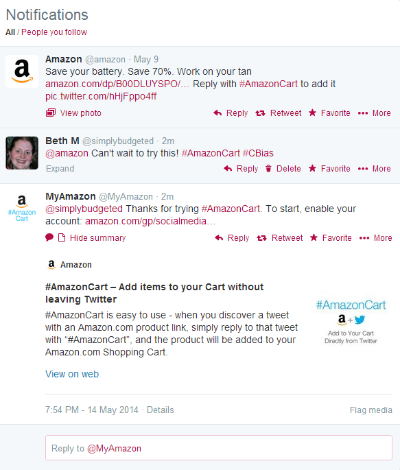 AmazonCart Twitter reply